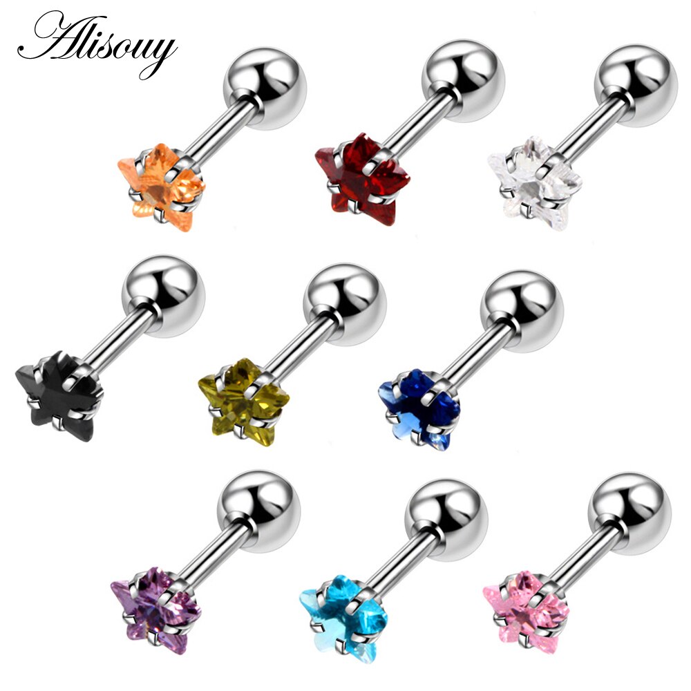 Alisouy 2pcs Star Prong set Zircon Ear Cartilage Piercing Tragus Helix Studs Piercing 1.2x6x4/4mm Stainless Steel girl Earrings