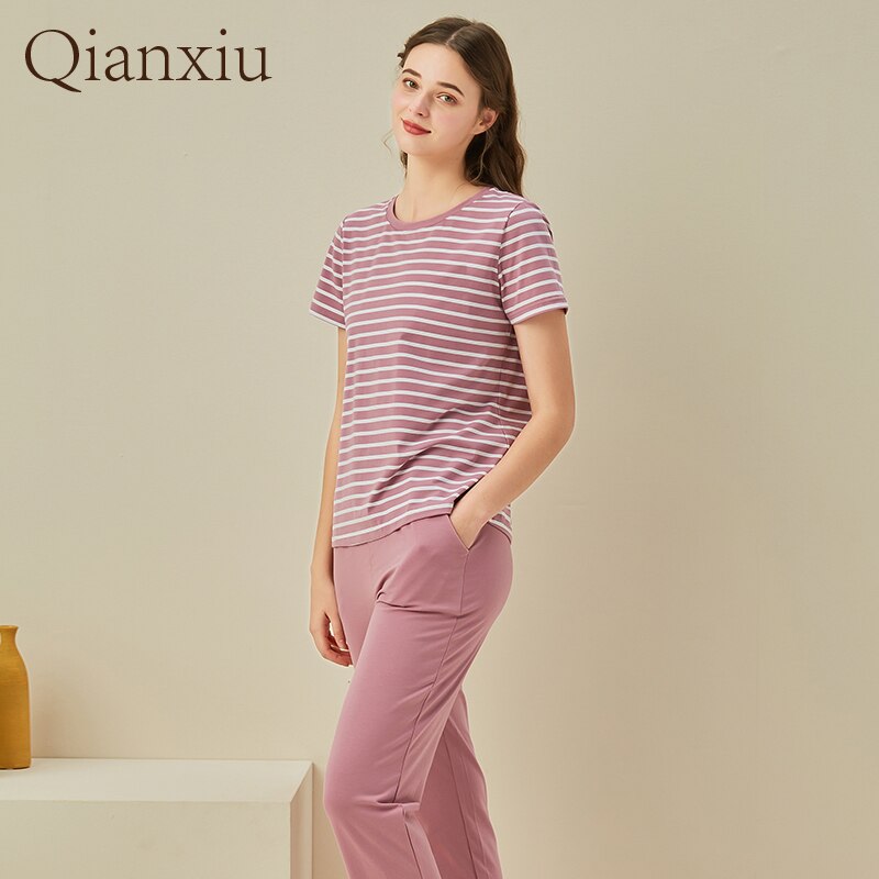 Spring Autumn Women Casual Striped pajama sets Female short sleeve Round Collar T shirt & Pants Ladies Cotton Sleepwear suit: Women Pink Purple / M