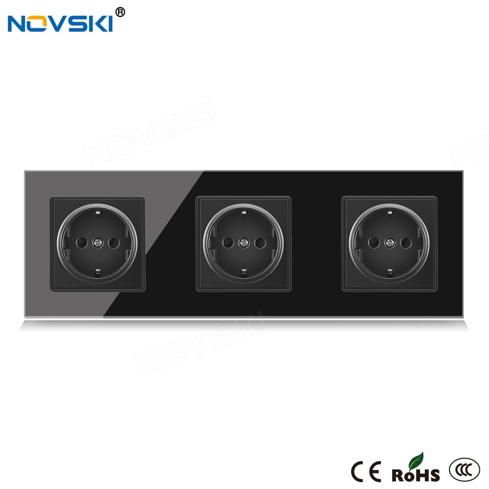 NOVSKI 16A EU Standard Wall Socket Triple Frame Crystal Glass Black Panel 86*258 mm, Hidden LED for USB Charger