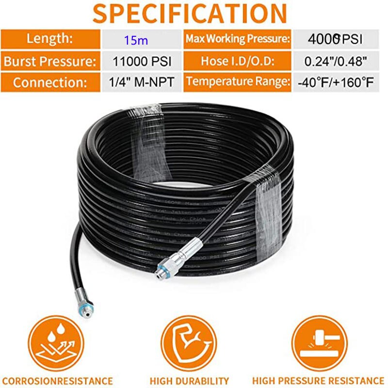 Sewer Jetter Kit for Pressure Washer, 1/4 Inch NPT, 15m, Button Nose and Rotating Sewer Jetting Nozzle, Pressure 4000 PSI