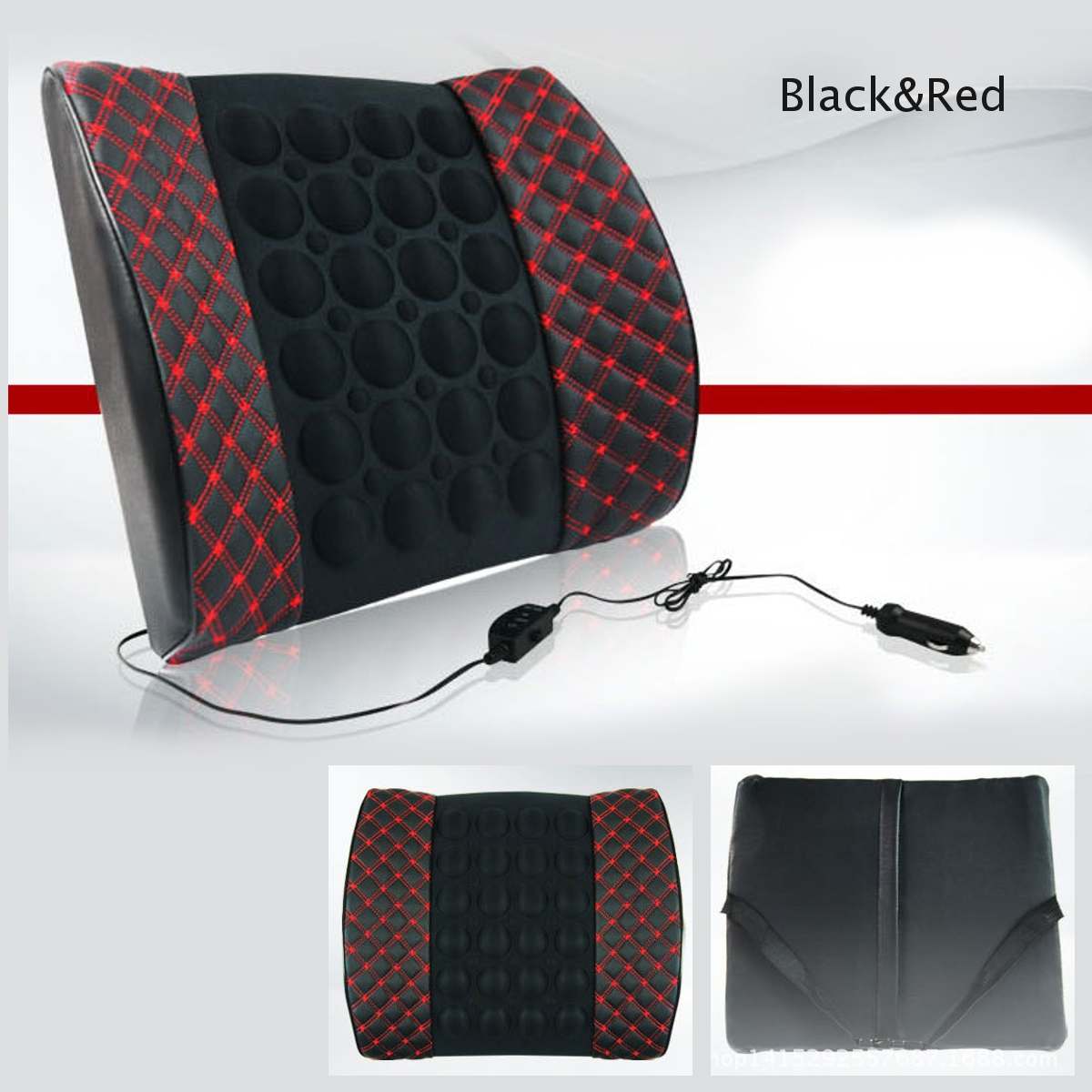 12V Auto Kussen Rugsteun Lumbale Elektrische Massage Pu Lederen Vrachtwagens Pijn Herbeleven Bescherming Wasit Zitkussen Ontspannen Accesoires: black red