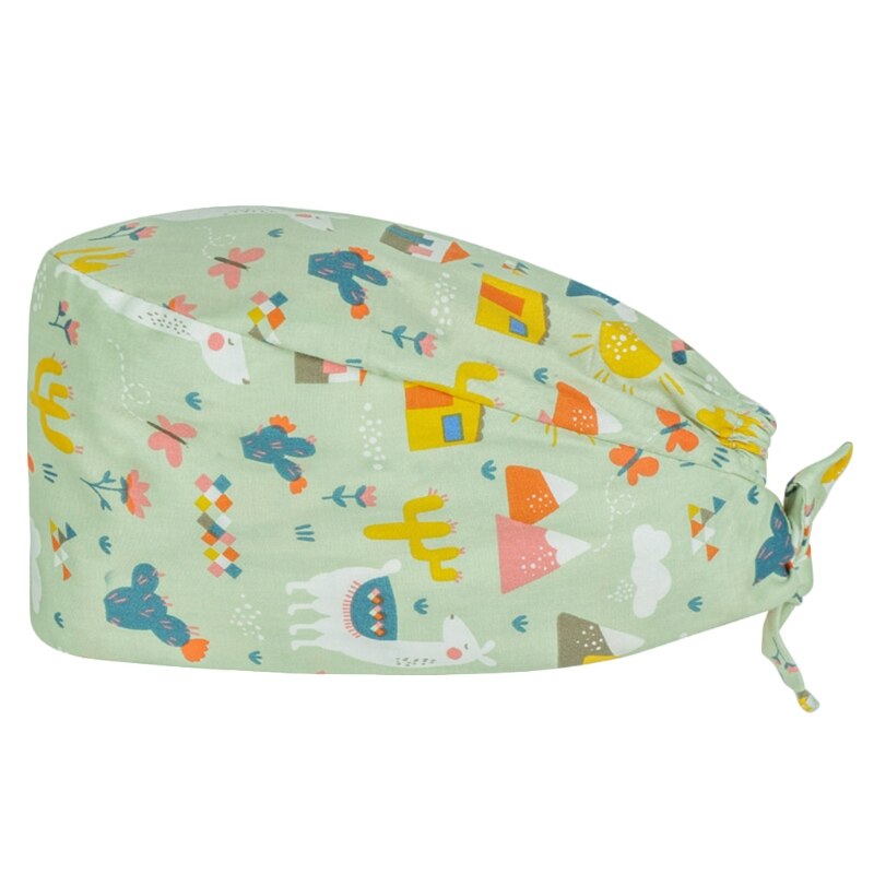 Dokter verpleegkundige katoenen werkmuts met zweetband verstelbare strik op de rug schattig cartoon dierenpatroon kalebasvormige bouffant scrub hoed h: -o