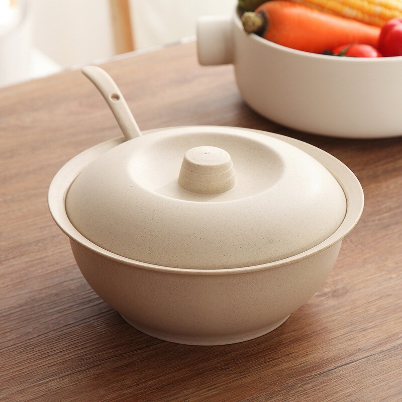 Wheat Straw Soup Bowl Set Household Anti-fall Big Soup Bowl with Lid + Spoon Soup Pot Set Household Kitchen Supplies