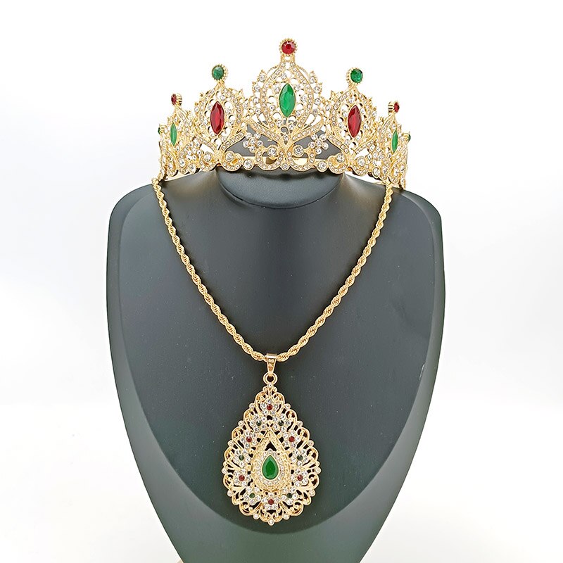Arabische Bruiloft Sieraden Set Gewaad Taille Keten Vrouwen Haar Sieraden Hartvorm Jewel Hanger Ketting Marokkaanse Metalen Riem: set  2