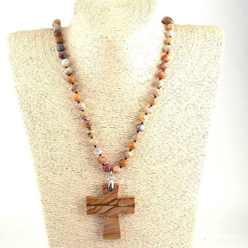 Semi Precious Stones Beads Statement Necklaces long Knotted Beads Cross Necklace