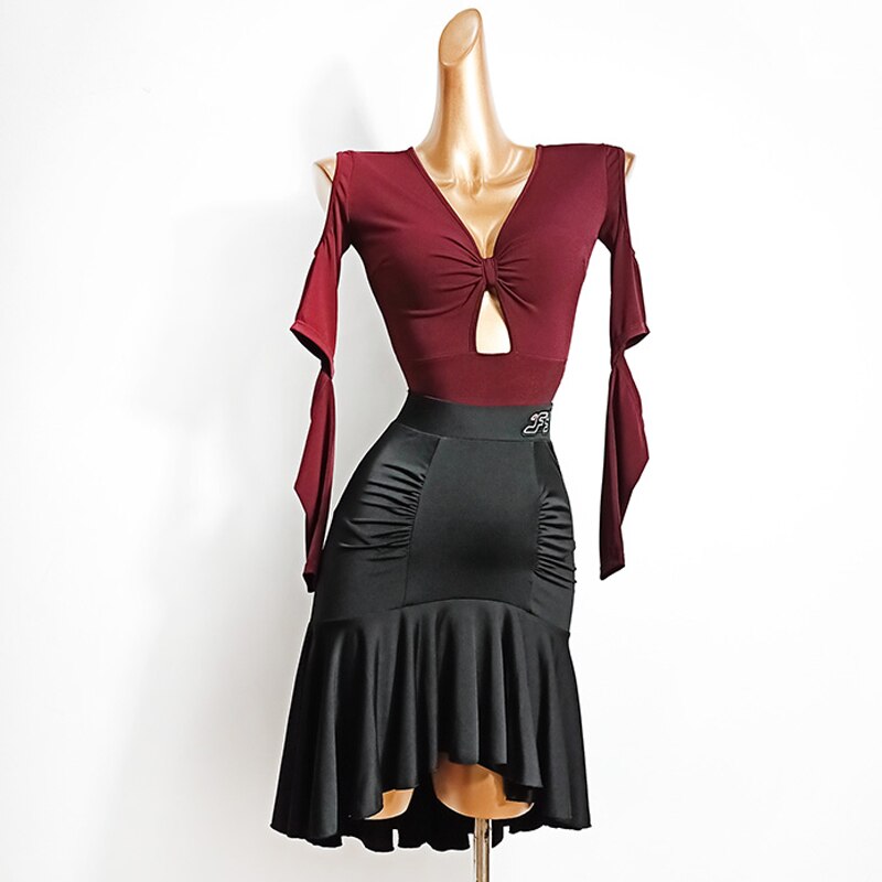 Falda de baile latino para mujer, falda negra plisada Irregular, vestido de práctica de Samba Rumba Tango, Ropa de baile para actuación de adultos VDB2572,