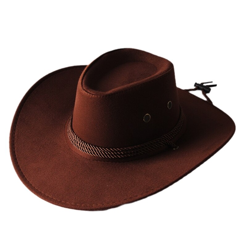 Unisex Western Cowboy Hat with Rope Men Women Retro Wide Brim Trendy Solid Color Jazz Hat Windproof Outdoor Sun Protection Cap: Dark brown