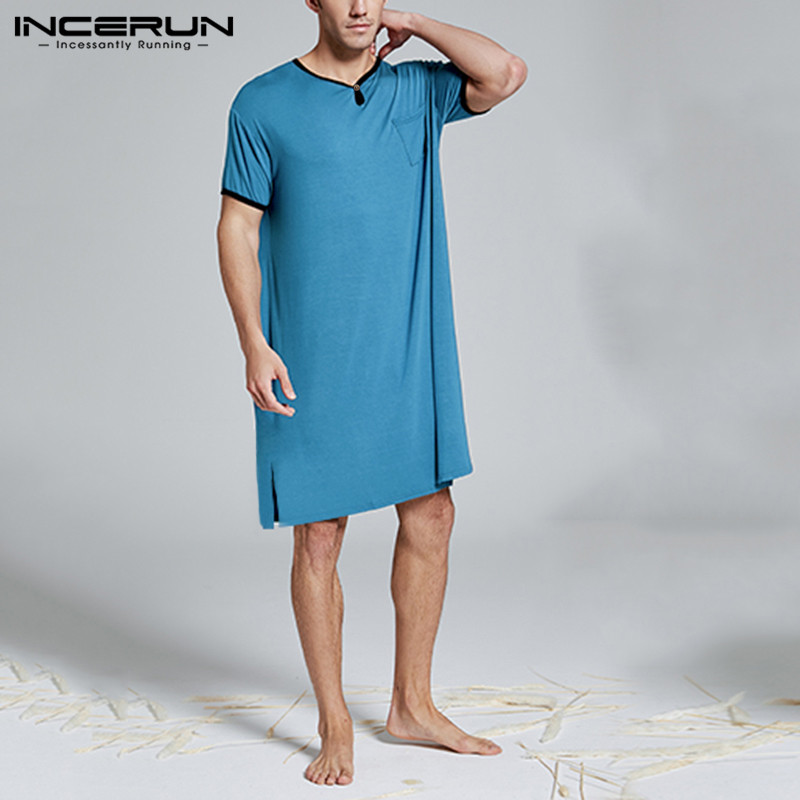 INCERUN Men Sleep Tops Short Sleeve Breathable Long Tops Summer Loose Casual V Neck Men Sleepwear Homewear S-5XL