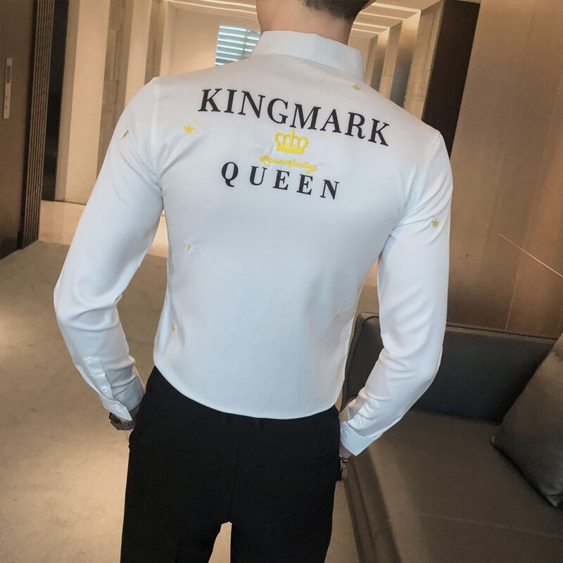 Krone broderi mænd skjorter lange ærmer business formel dress skjorter afslappet slim fit skjorte streetwear camisas para hombre
