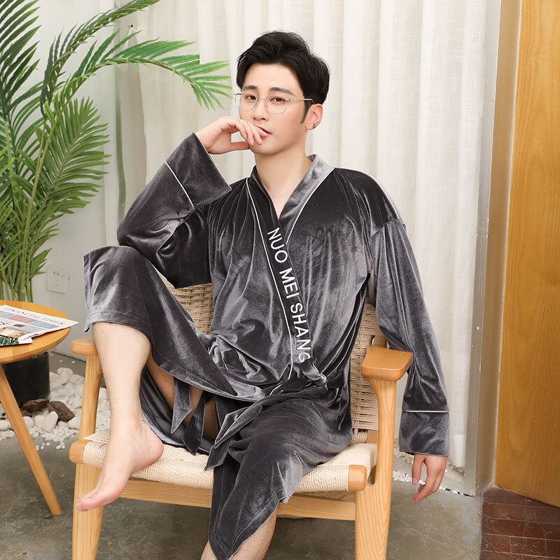 Grey Long Sleeve Chinese Men Rayon Robes Gown Male Kimono Bathrobe Nightwear Man Thick warm Gold Velvet Nightgown L-XXXL