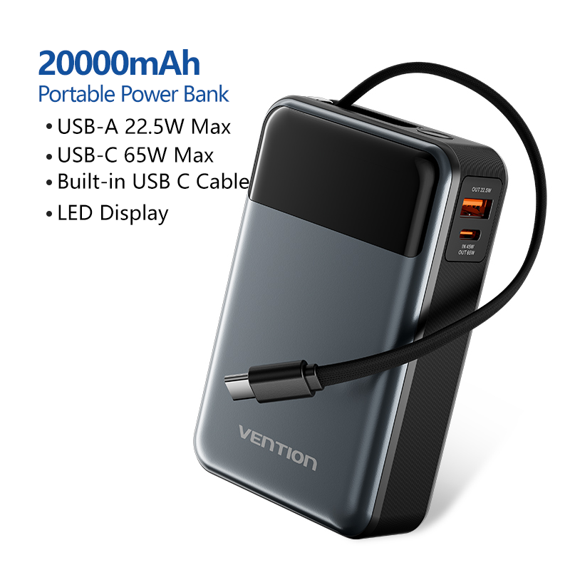 Vention 65W Portable Power Bank 20000mAh PD Fast Charging with Built-in USB Type-C Cable for Laptops iPhone 16 15 14 13 Pro Max: Default Title