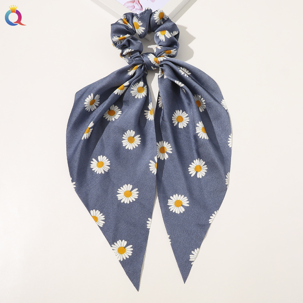 Floral Print Scrunchies Chiffon Bow Elastic Hair Bands Women Hair Ties Rubber Bands Ponytail Scarf Hair Accessories: DEEP BLUE