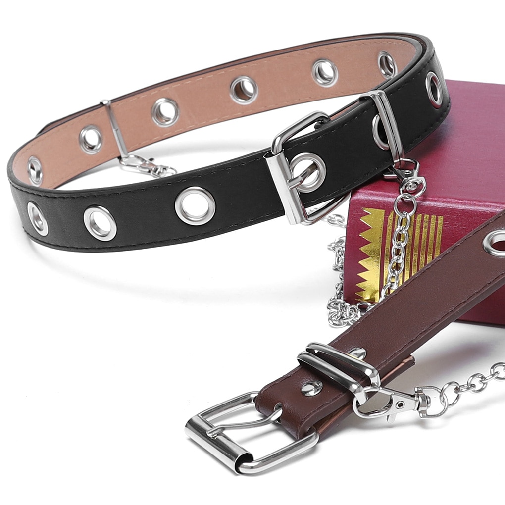 Vrouwen Meisjes Ketting Riem Leer Pin Gesp Riem Punk Stijl Jeans Individuele Decoratieve Riem Koffie Zwart