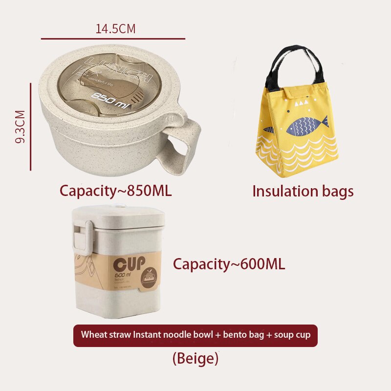 Vetehalm mikrovågsugn snabbnudelskål med lock sovsal japansk stil kontorsarbetare student ramen skål handtag servisset: 3- beige set 850ml