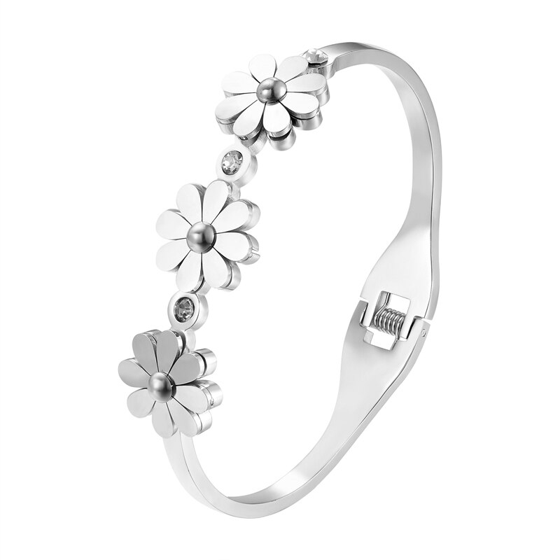 Cute Crystal And 3 Chrysanthemum Shape Bracelets &amp; Bangle Stainless Steel Spring Open Gold Color Bangle For Women Brand Jewelry: Silver