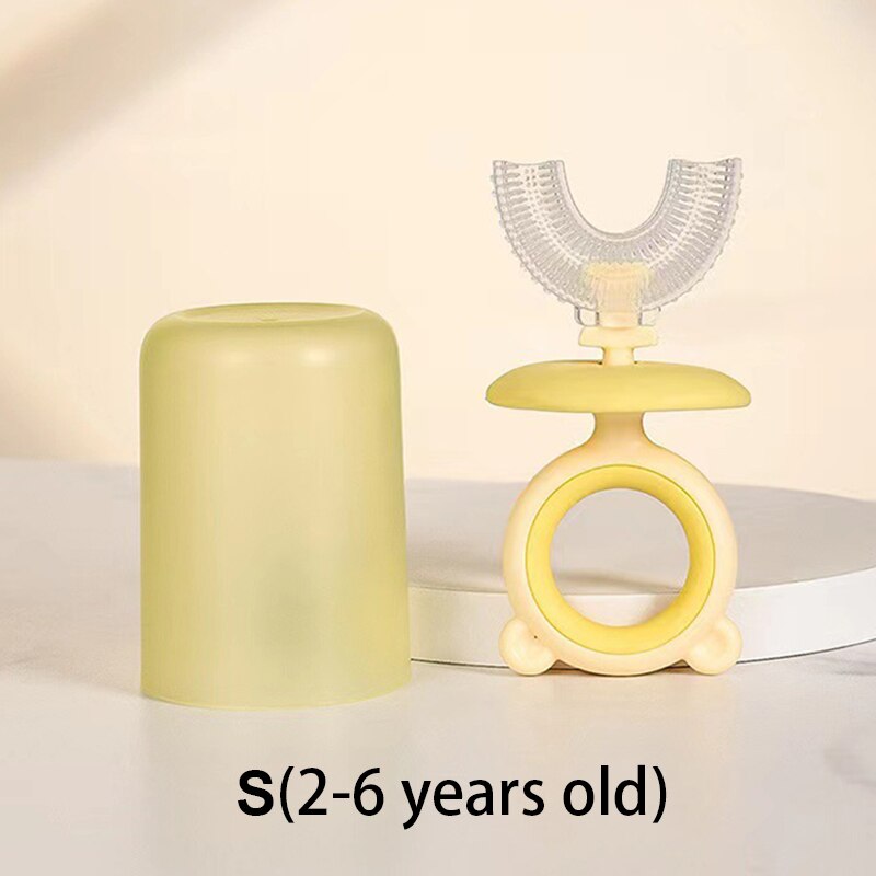 Spazzolino da denti per bambini con tazza spazzola a forma di U in Silicone cura orale spazzolino da denti per bambini senza BPA 360 gradi pulizia dei denti: yellow S