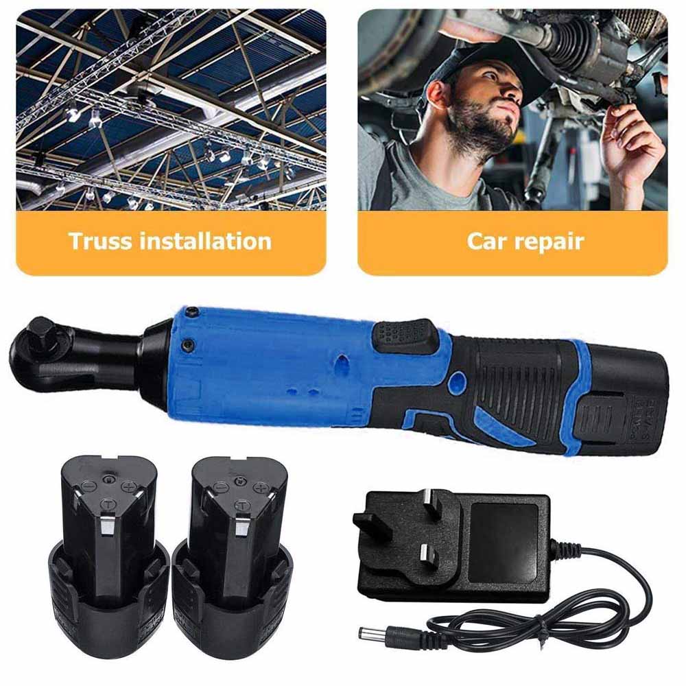 Llave de ángulo recto, Tuercas eléctricas inalámbricas, llave de carraca de 12V, elimina tornillos, tuercas, herramientas de reparación de automóviles, dos baterías