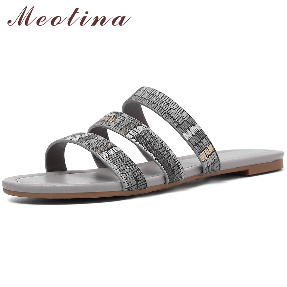 Meotina sommartofflor damskor glitter platta skor bling öppen tå slides dam sandaler brun grå stor storlek 36-45