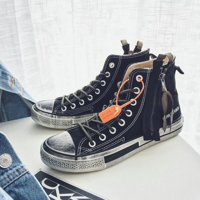 Zomer heren canvas schoenen veterschoenen hoge schoenen heren canvas flats casual sneakers schoenen  d12-53: Zwart vuil / 6
