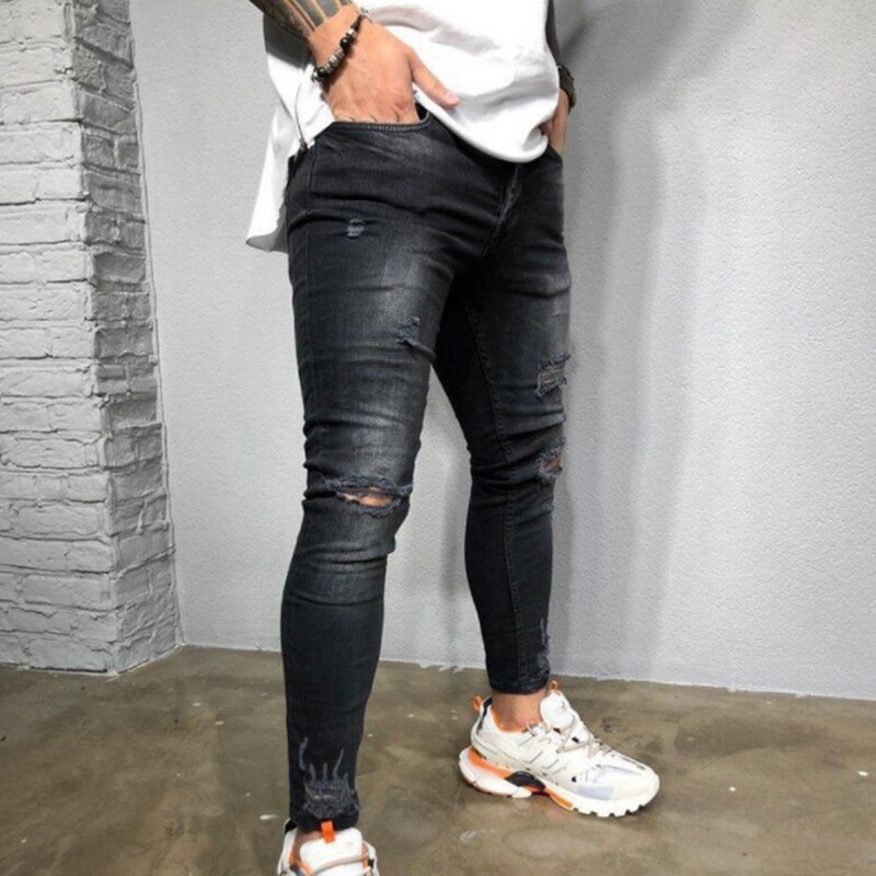 Men Stretchy Ripped Skinny Biker Print Jeans Destroyed Hole Taped Slim Fit Black Denim Scratched Autumn Jean