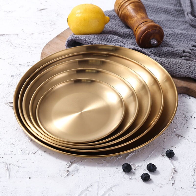 1Pcs European Style Dinner Plates Gold Dining Plate Serving Dishes Round Plate Cake Tray Western Steak Round Tray Kitchen
