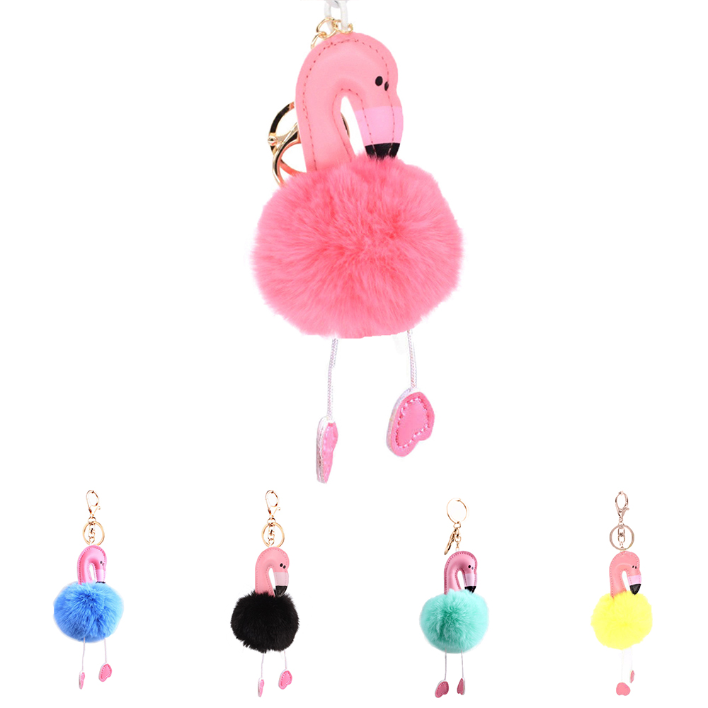 Mode Handtas Hanger PU Lederen Flamingo Pluizige Pompom Bal Sleutelhanger Sleutelhanger