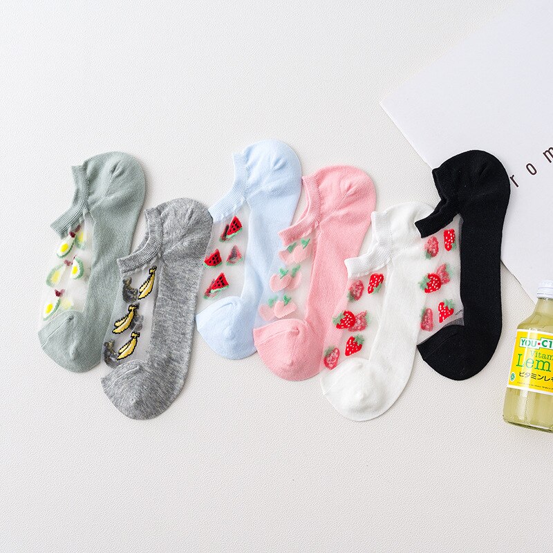 6 Pairs Funny Socks Women Casual Summer Transparent Harajuku Fruit Print Ankle Socks School Girls Breathable Invisible Socks