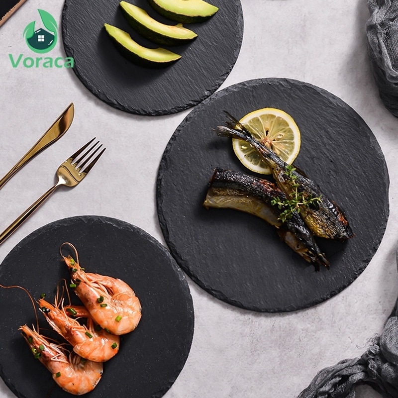 Naturalne łupki płytkie talerze na stek makaron Sushi kuchnia jedzenie w restauracji danie spodek okrągły deser ciasto naczynia Pizza taca na owoce