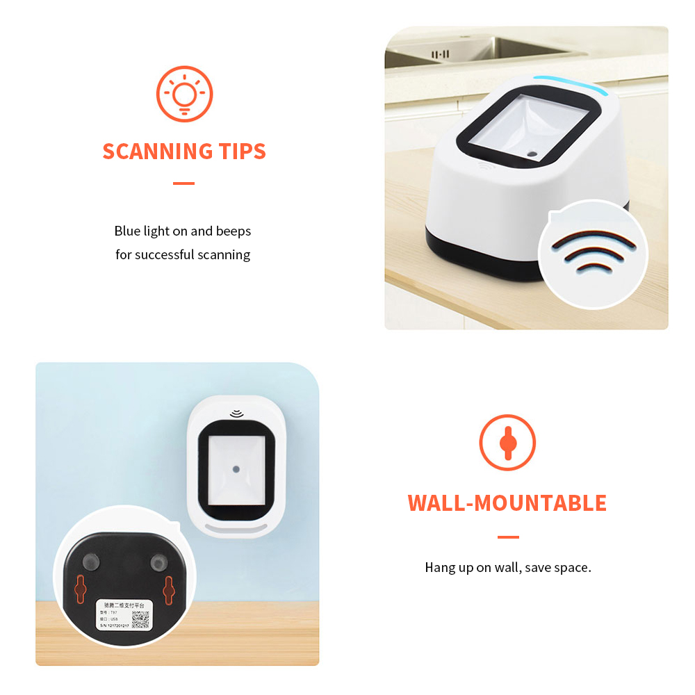 Wired Barcode Scanner USB Versatile Scanning Hands-free Scan QR Code 1D&amp;2D Code Reader Scanner for Supermarkets/Stores