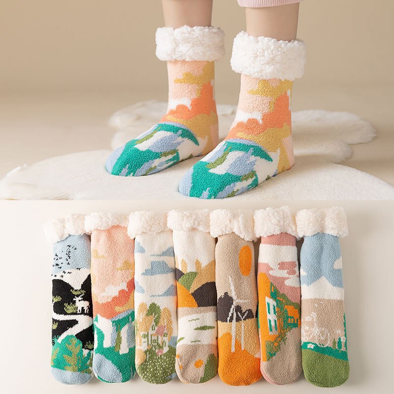 Meias quentes bonitos do inverno feminino com anti deslizamento inferior fuzzy floor socks colorido m09