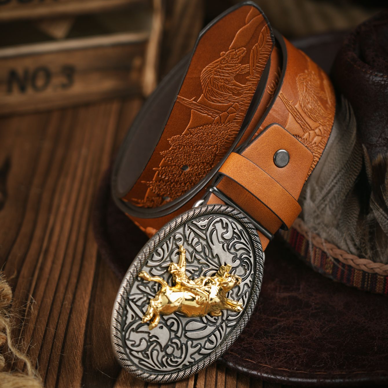 Ceinture en cuir PU Western Cowboy – Sangle de taille pour hommes, décoration de taureau, gravure florale pour jeans