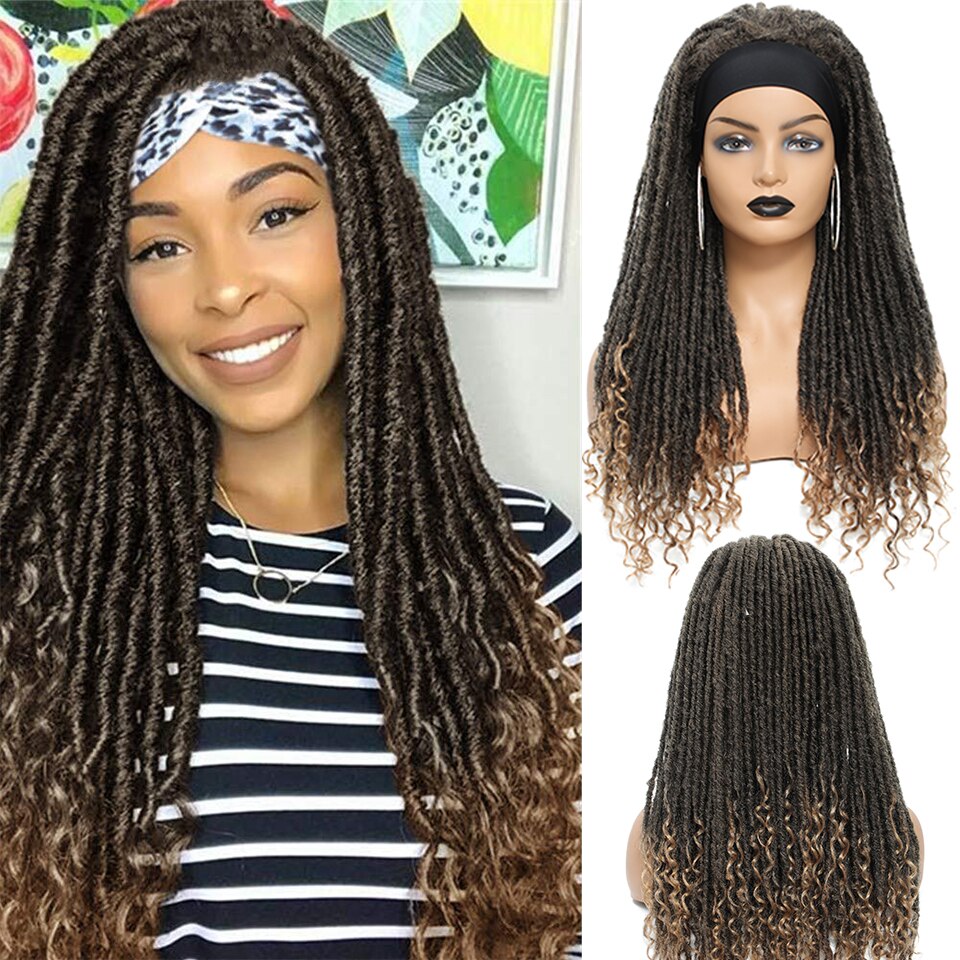 Wakego Wig Ombre Headband Wig 1B/1B 27/1B 30/1B Grey Colors Dreadlock Wig Turban Wig Curly End Goddess Faux Locs Braided Wig: 1B 27 Color