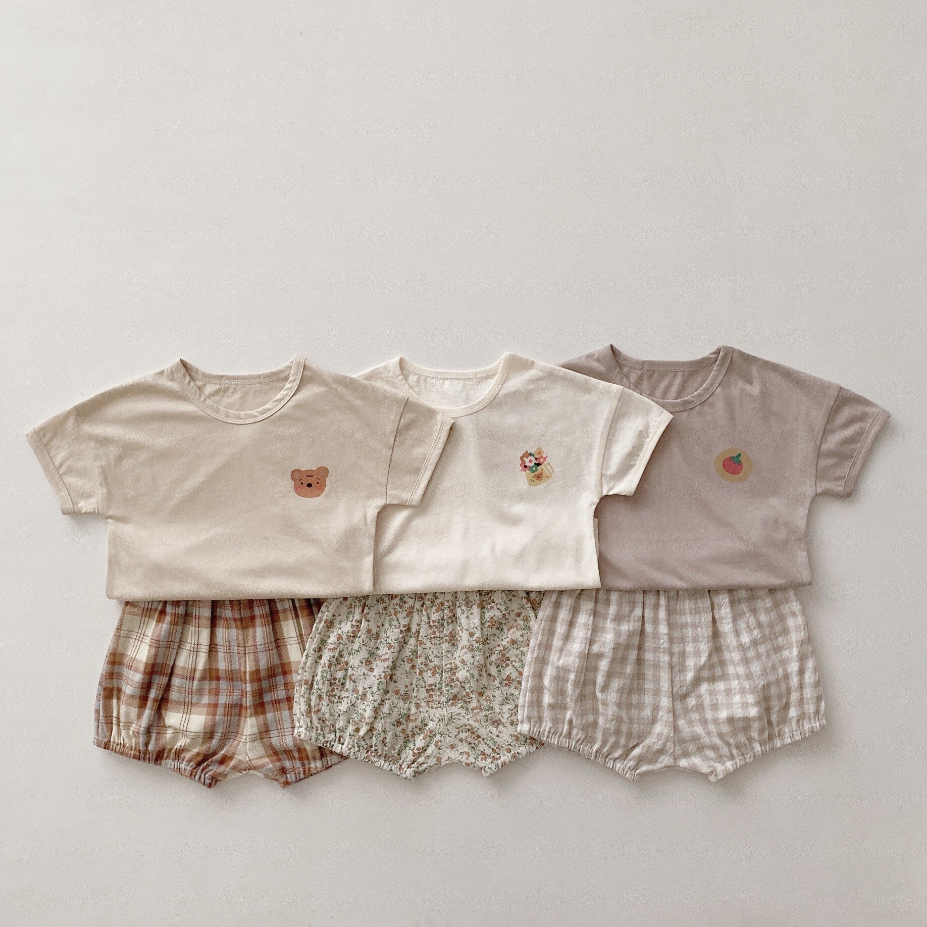 été Bébé Garçon Fille Solide Coton Manches Courtes Hauts + Enfant Garçon Imprimé Floral Motif Lâche PP Pantalon 2 pièces Ensemble