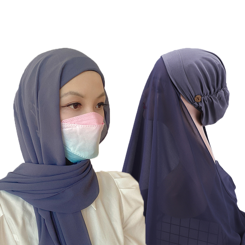 Instant Hijabs Women Bonnet With Chiffon Shawl With buttons Easy to Wear masks Stretch Hijab Cover Headwrap: color 8