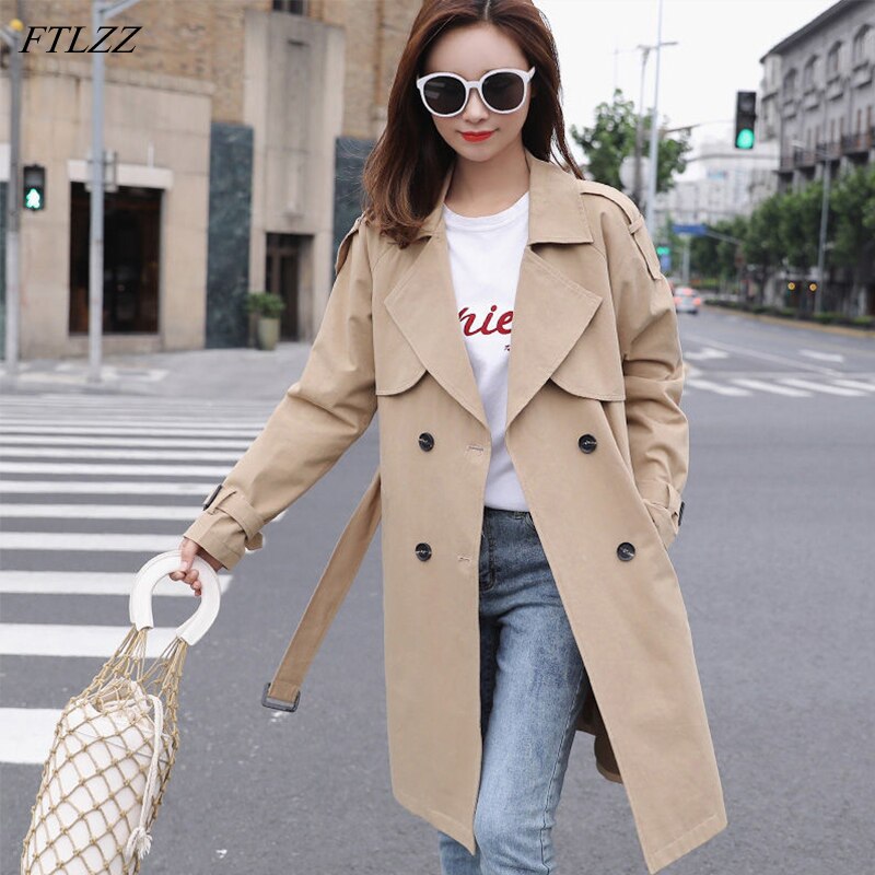 Ftlzz sping efterår kvinder khaki trenchcoat streetwear dobbeltradet vindjakke løs pasform sort dameovertøj