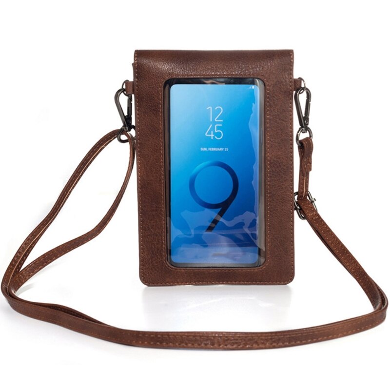 Touch Screen Leather Phone Purse with Clear Window Pocket Shoulder Strap Small Crossbody Bag Women Girls Wallet Pouch