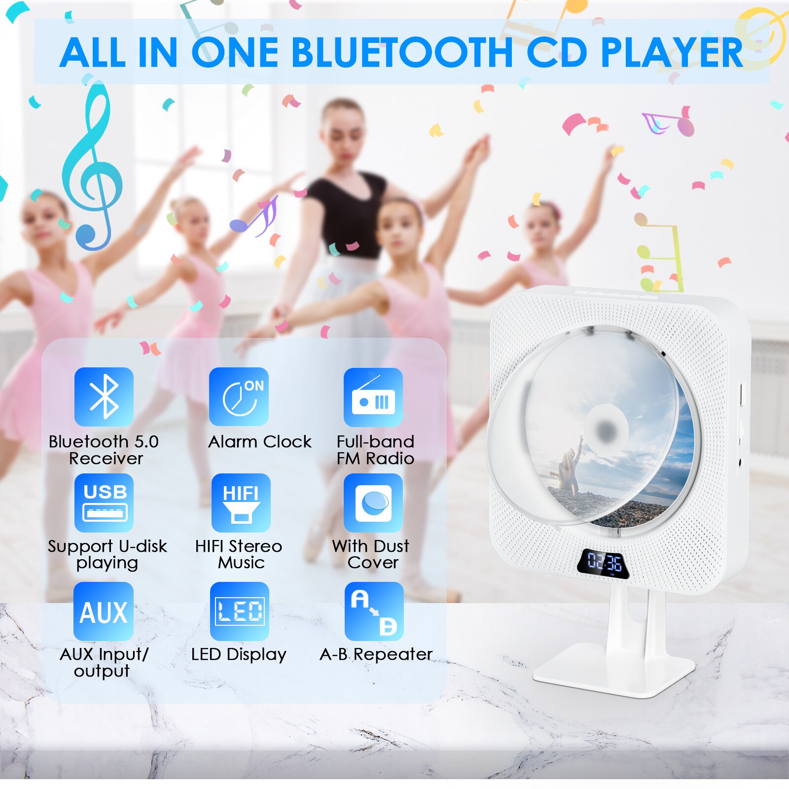 Wall Mountable CD Player With Bluetooth Remote Control Home Stereo FM Radio HiFi Built-in 2 Loudspeakers Boombox Lecteur CD