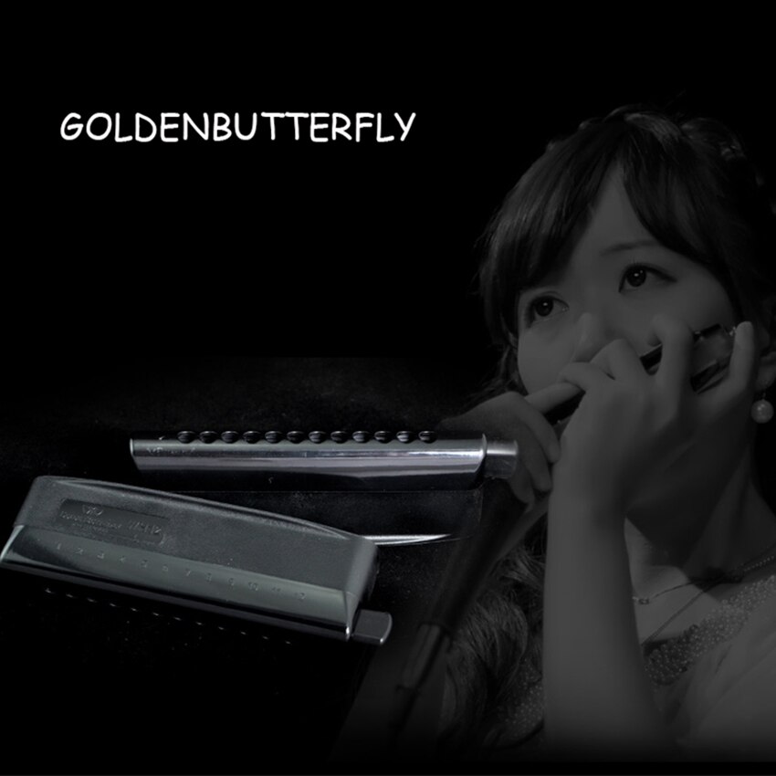 GOLDEN BUTTERFLY 12 Hole Chromatic Harmonica Black Wind Musical Instrument Mouth Organ
