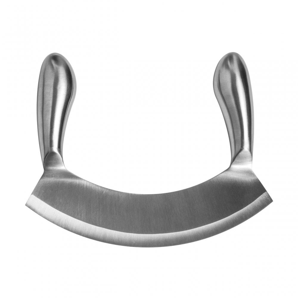 8.5in Stainless Steel Double-Handled Mezzaluna Knife Pizza Cutter Curved Blade Kitchen Herb Mincer Fruit Vegetable Salad Slicer: Default Title