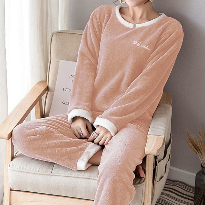 Women Cute Coral Homewear Set Long Sleeve Shirt &Pant Sleep Set Winter Flannel Sleepwear Girl 2PCS Pijamas Suit Nightgown