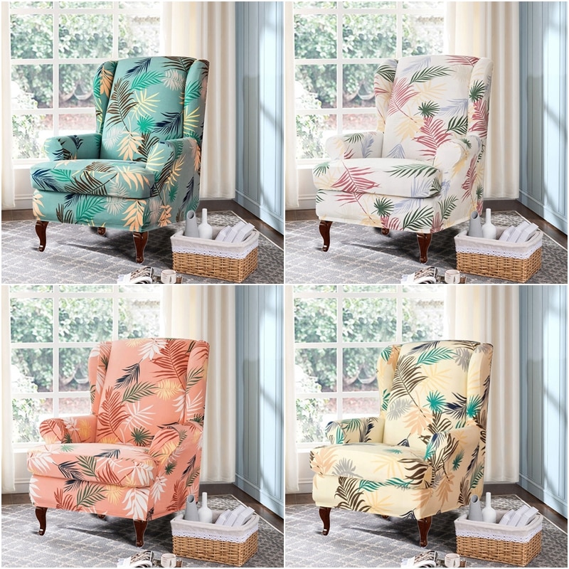 Sloping Arm Wing Back Chair Cover Stretch Wingback Armchair Cover 2 Piece Set Elastic Spandex Chair Slipcover for Home Decor