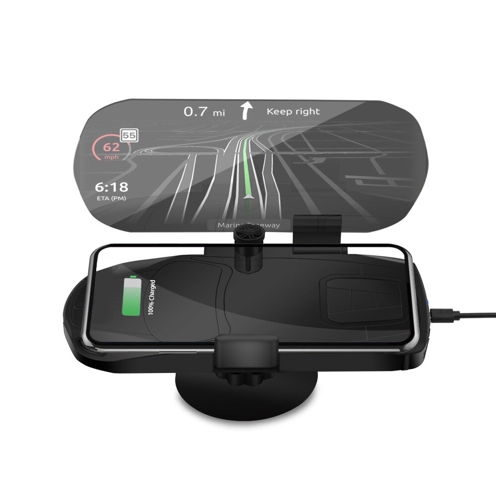 10W Fast Qi Wireless Car Mount Charger Car Windscreen Projector HUD Head Up Display GPS Map Guide Wireless Charging Pad