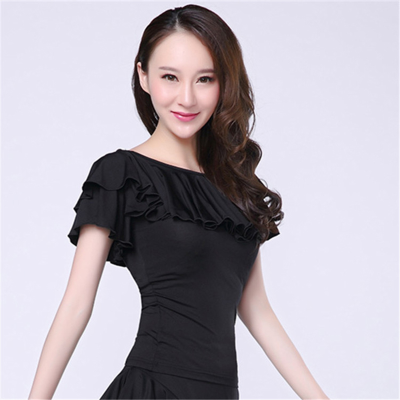 Latin Dance Ballroom Dansshirt Activewear Top Ruches Pure Kleur Dames Performance Korte Mouw Melkvezel Blouse Kleding