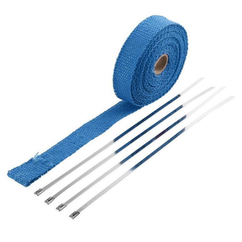 Rollo de cinta térmica de fibra de vidrio para escape de motocicleta, protector térmico para tubo de escape, protección térmica con bridas de acero inoxidable, 5M: Azul