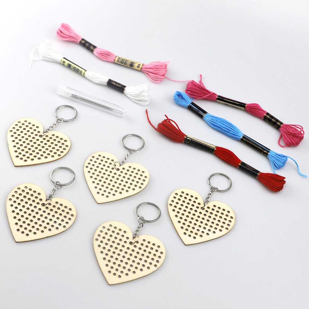 5pcs Keychain DIY Wooden Blank Keychain Slices Sheep Shaped Embroidery Cross Stitch Hanging Ornament Pendants Craft Kids