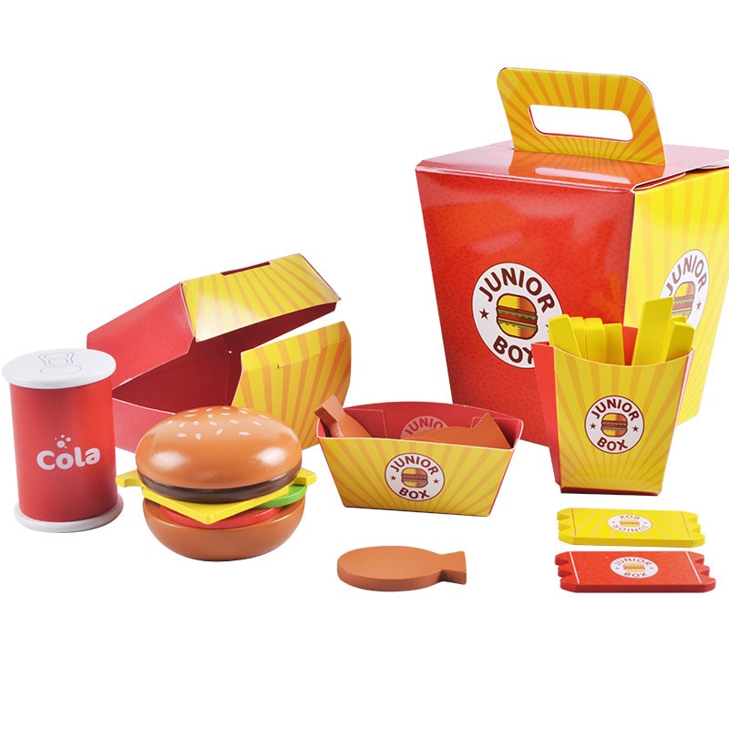 Simulering træhamburger fries fastfood mdeol sæt børn foregiver legetøj skabe stabling burger kombinationer børn