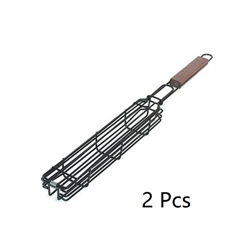 Grill kabob grillkorg spett rotisserie kebab ingen korg korg matlagning grill tillbehör non-stick kabob korgar: 2 st träfärg