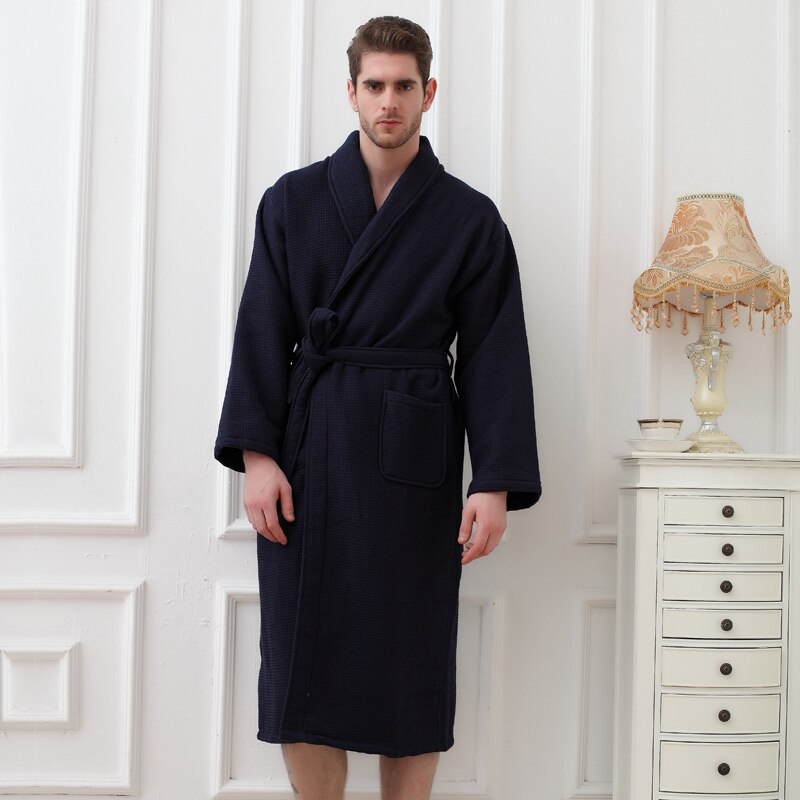 Thick Cotton Men's Bathrobes Long Soft Warm Gentlemen Homewear Male Robe Sleepwear Lounges Pajamas Bathrobes White Winter Autumn: BLUE / XL