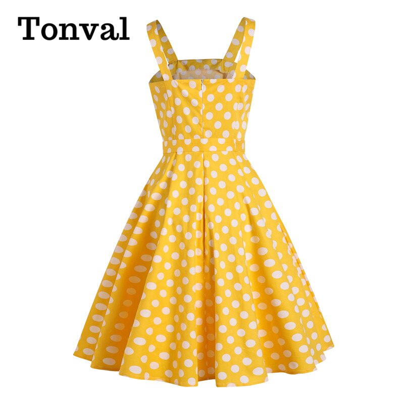 Tonval Yellow 50s Pinup Vintage Button Front Polka Dot Summer Tank Dresses Women Party Belted Cotton Midi Dress