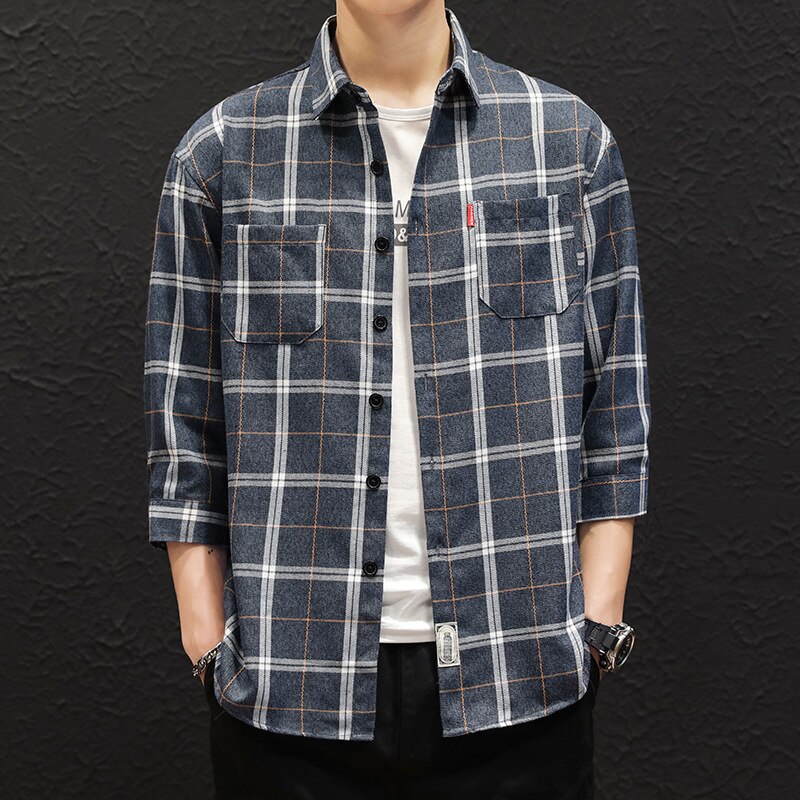 Syksyinen puolihihainen paita miesten slim fit villa rento ruudullinen paidat miesten vaatteet korealainen merkki plus koko m -4xl: 01 / Xxxl